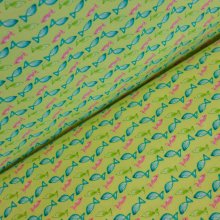 Katoen geelgroen met blauwe, roze en groene vissen