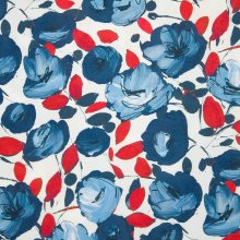 Polyester tricot wit met blauwe bloemen en rode bladeren