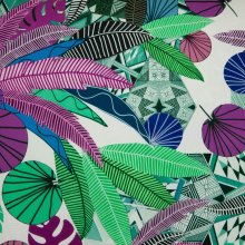 Polyester tricot wit met blauwe, paarse, groen en roze bladeren