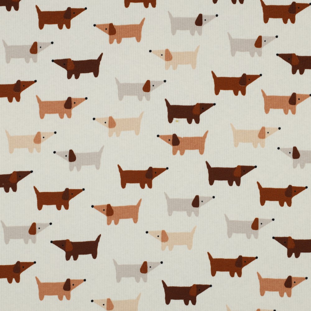 Katoen tricot rib ecru met honden