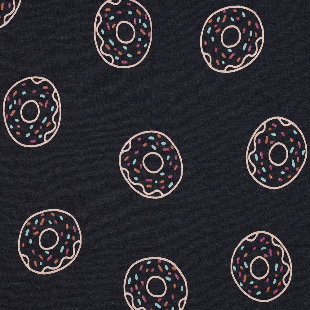 Katoen tricot melange zwart met glitterdonuts