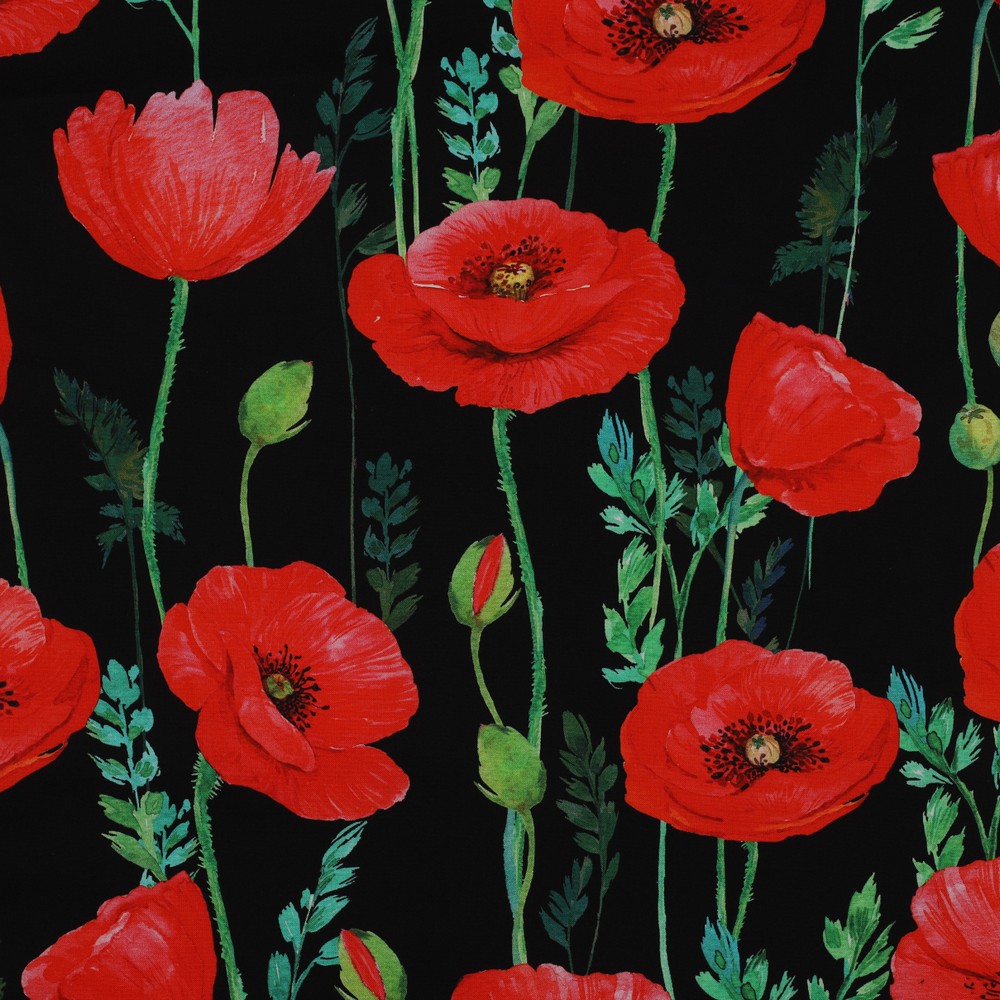Katoen zwart met rode bloemen - Poppy