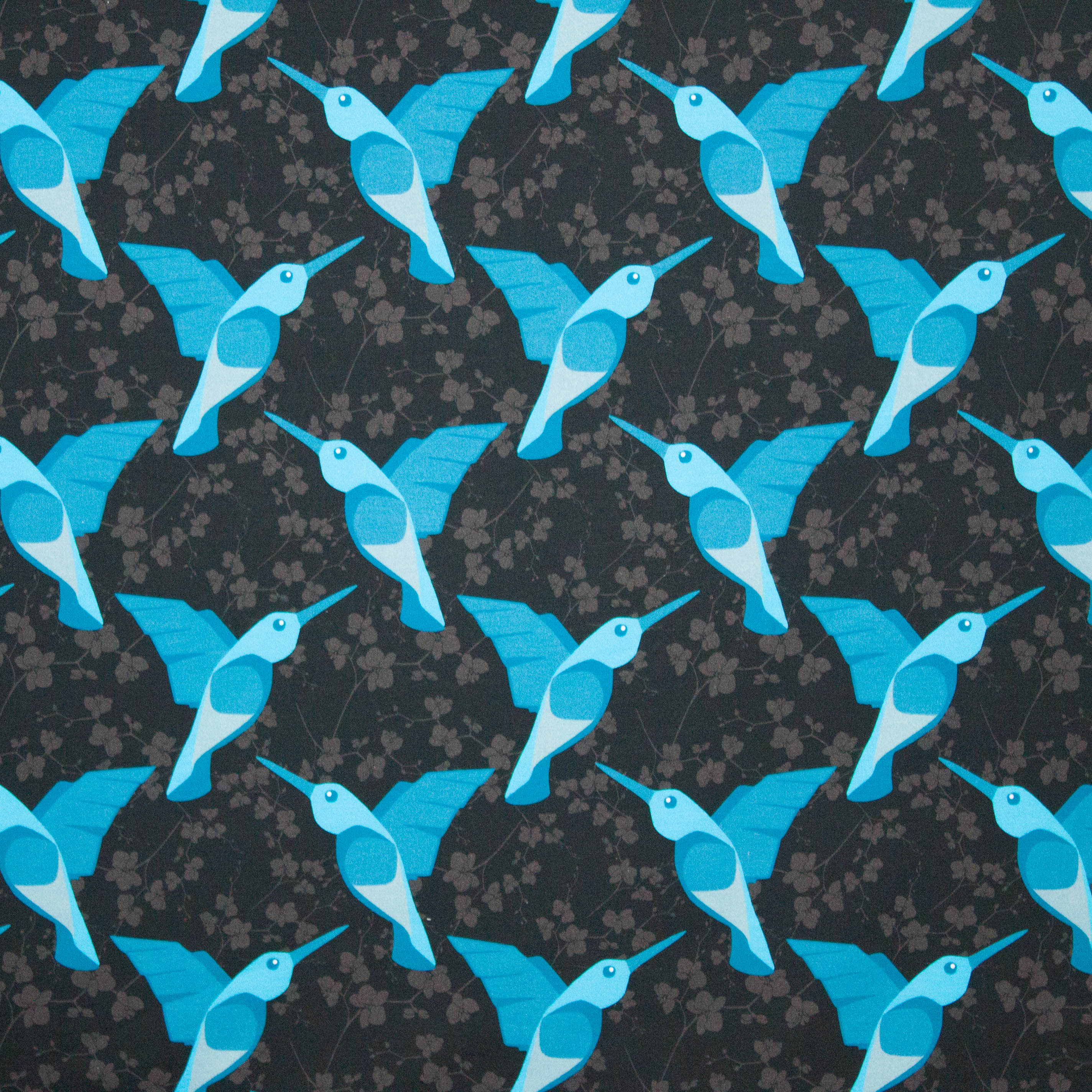 French terry bruin met blauwe vogels