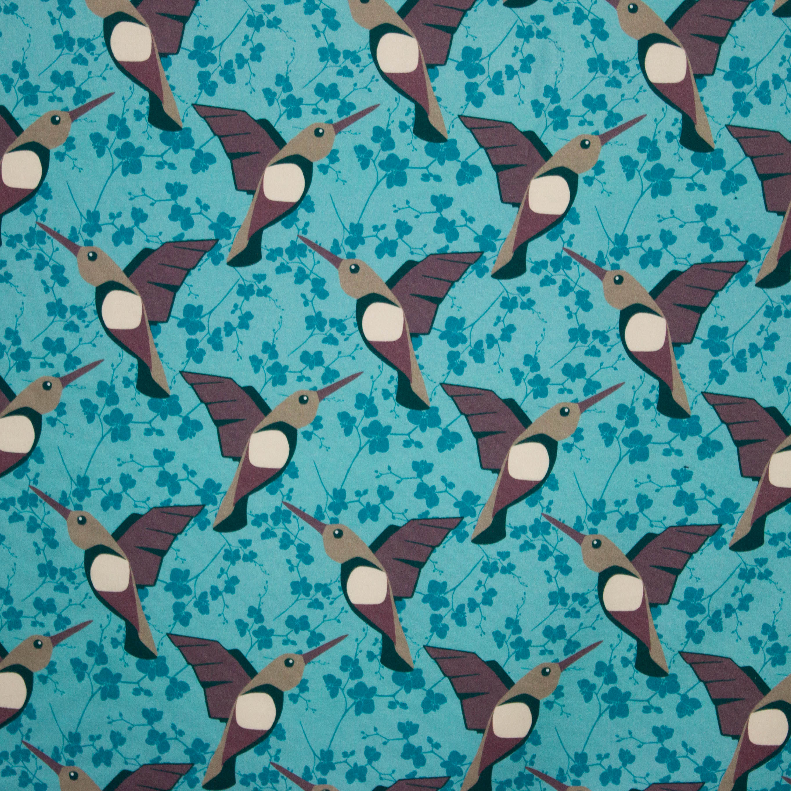 French terry blauw met bruine vogels