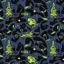 Katoen tricot blauw met neon ruimteschepen - Poppy