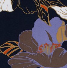 Viscosemengeling donkerblauw met bloemen in lila, roest en turqouise