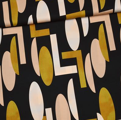 Viscose licht elastisch zwart met abstracte gele figuren
