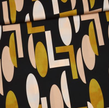 Viscose licht elastisch zwart met abstracte gele figuren