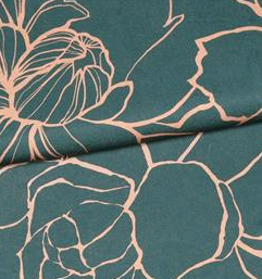 Polyester satijn blauwgroen met beige bloemen