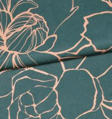 Polyester satijn blauwgroen met beige bloemen
