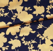 Polyester satijn donkerblauw met gele bladeren