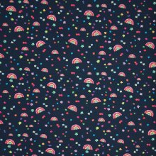 Tricot donkerblauw met regenboogjes en bloemetjes