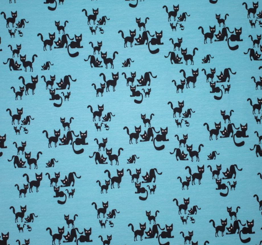 Tricot blauw met zwarte katten