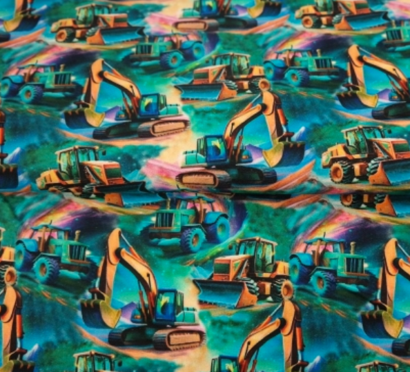 French terry blauw groen met graafmachines