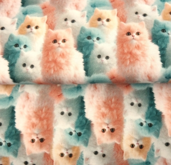 Gebrushte sweaterstof zalmroze/blauwe katten