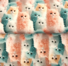 Gebrushte sweaterstof zalmroze/blauwe katten