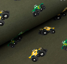 Gebrushte sweaterstof kakigroen met monstertruck's
