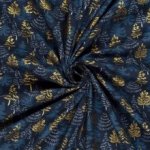 Katoen poplin marineblauw met kerstbomen goud folie
