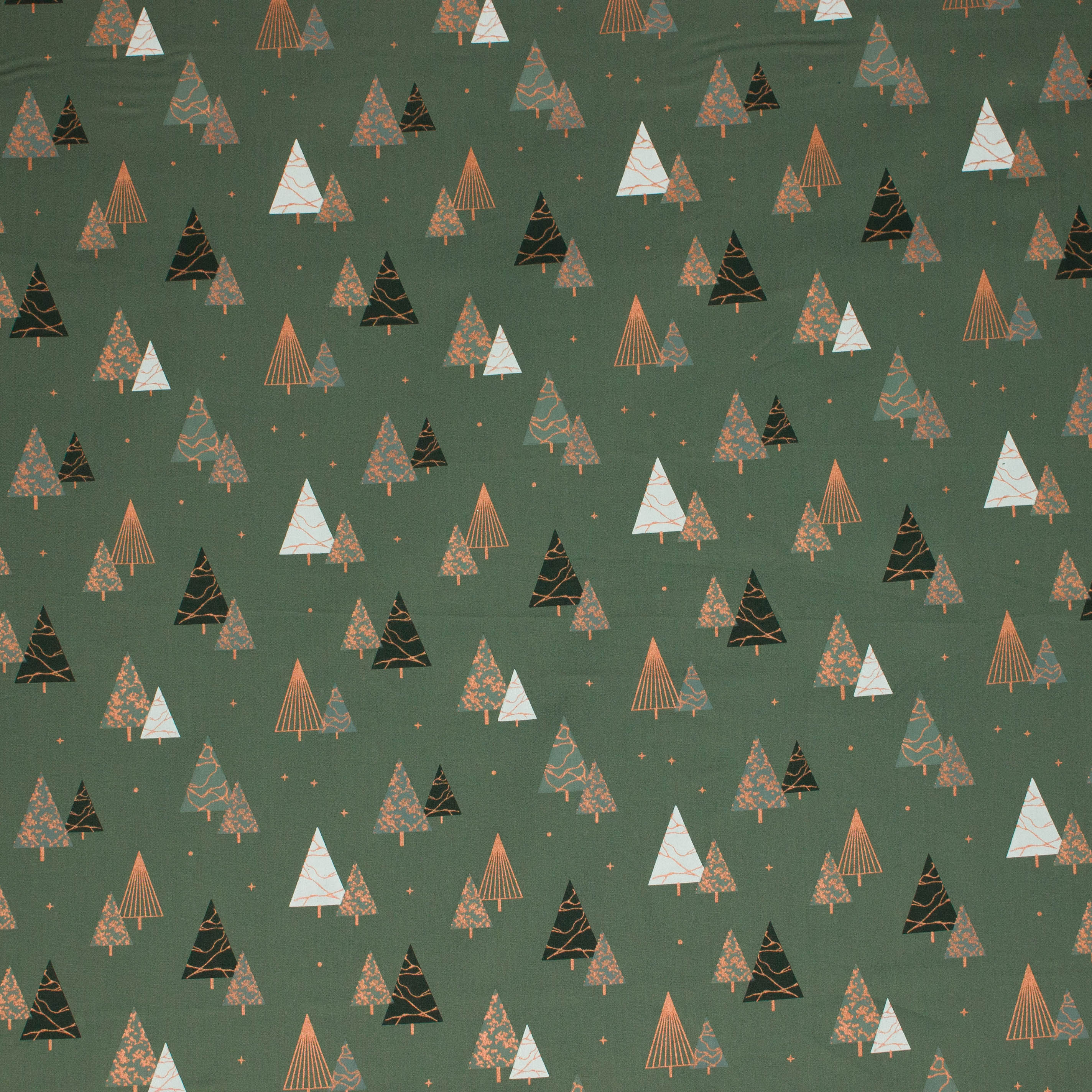 Katoen groen met kerstbomen print en folie