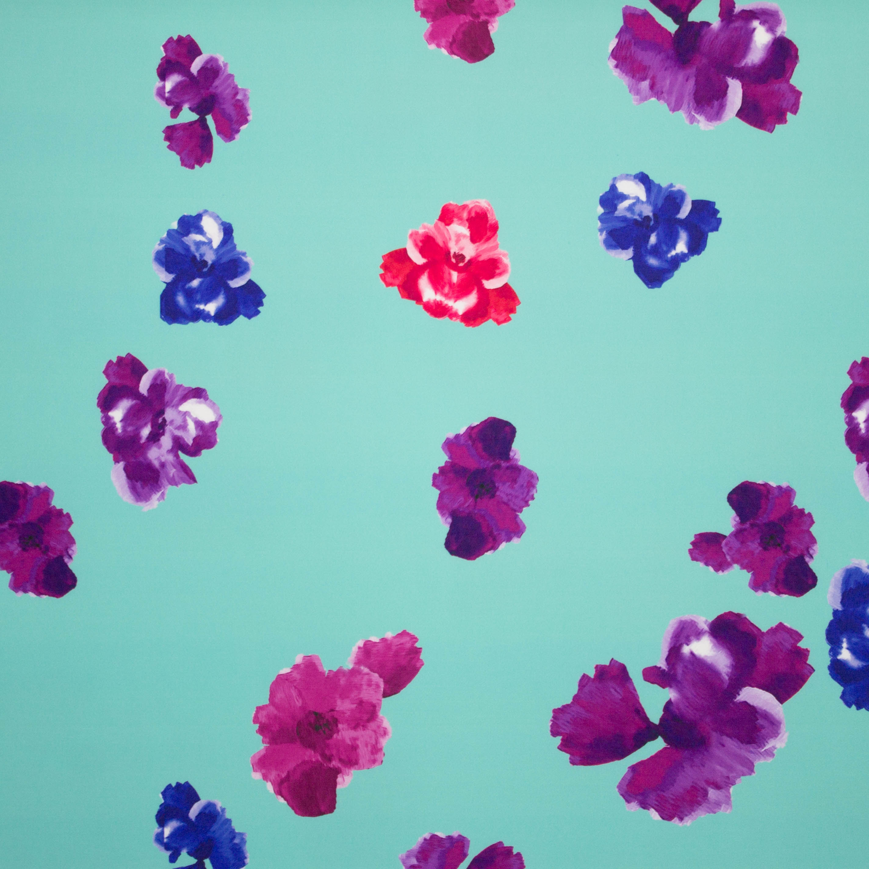 Polyester stretch turquoise met bloemen