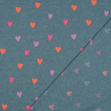 Tricot blauw met gekleurde hartjes