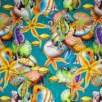 Katoen blauw met schelpen en vissen - Marylène Madou