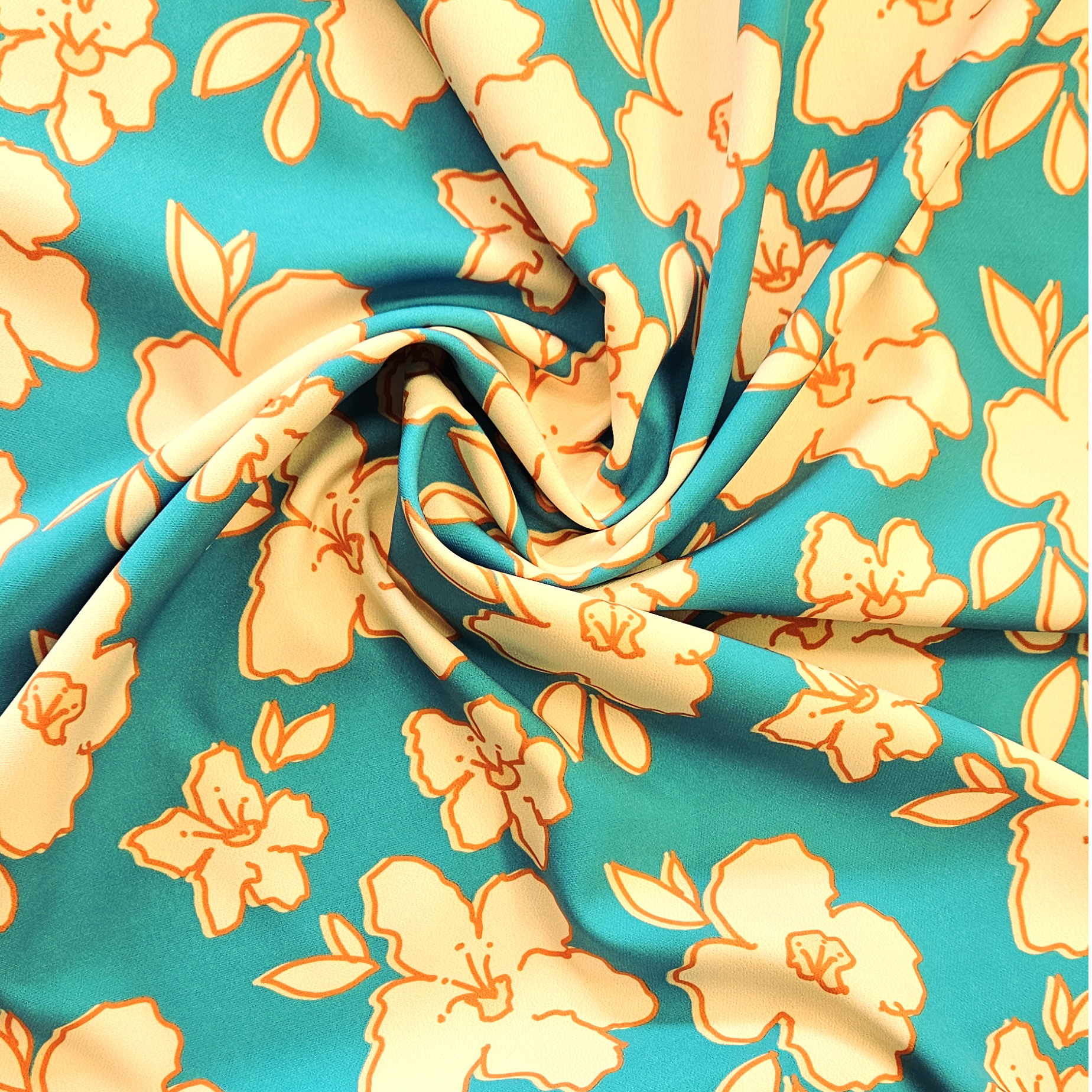 Polyester stretch licht blauw met beige bloemen print - Knipmode