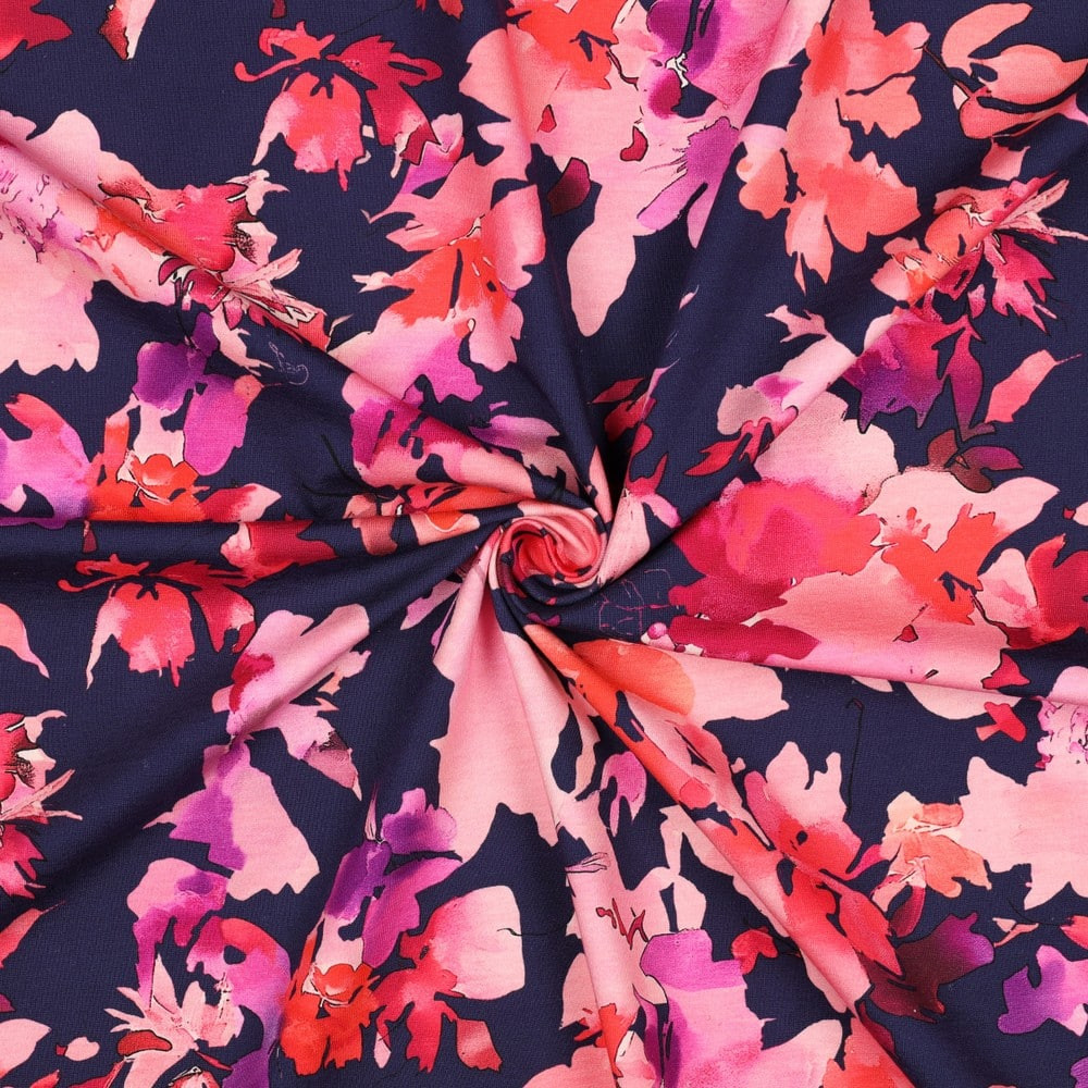 Tricot donkerblauw met roze bloemenprint - Poppy