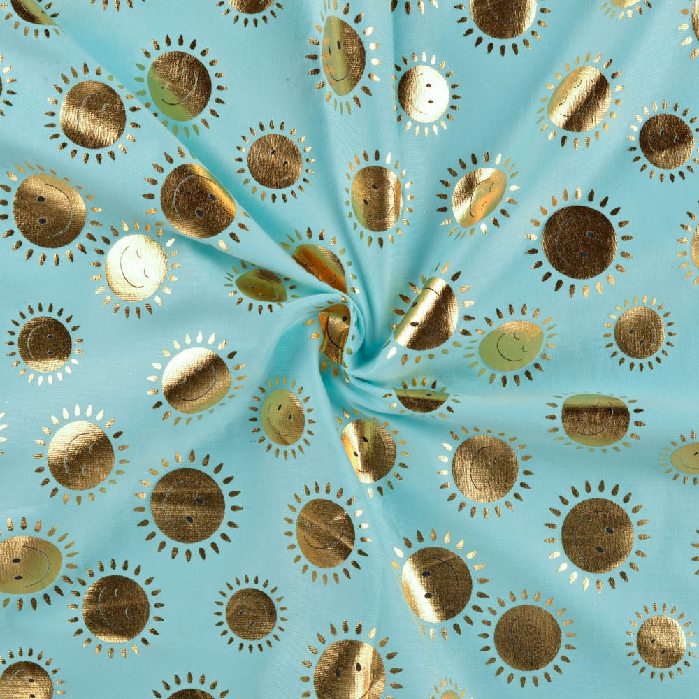 Tricot lichtblauw met gouden zonnetjes 'Sunny Dusty Mint'