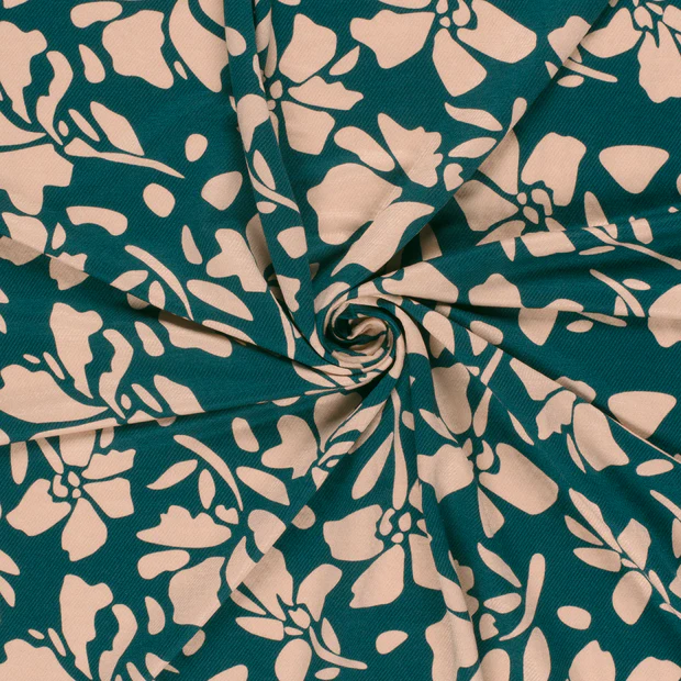 Viscose in keperbinding donkergroen met bloemenmotief