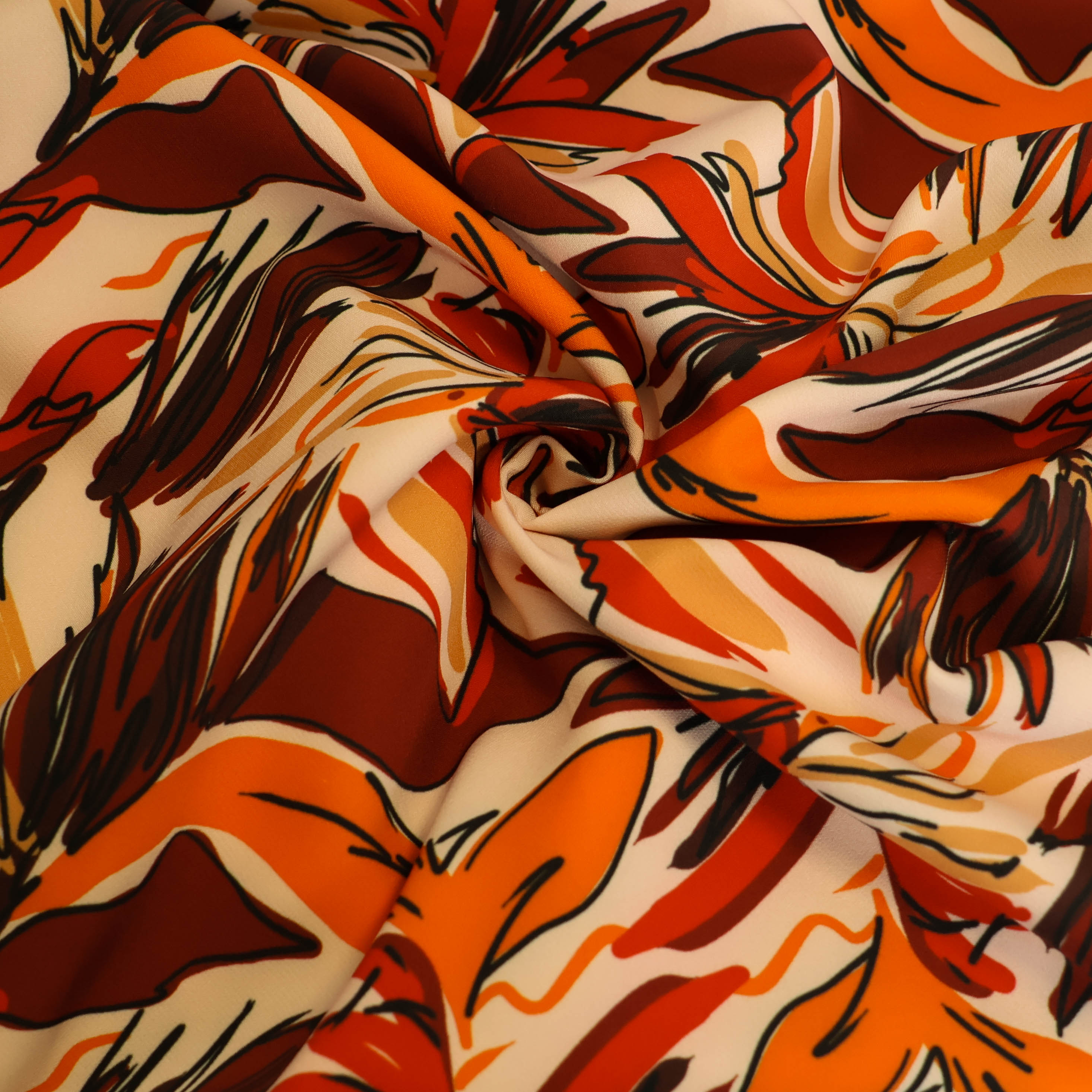 Stretch polyester gebroken wit met patroon in roodtinten