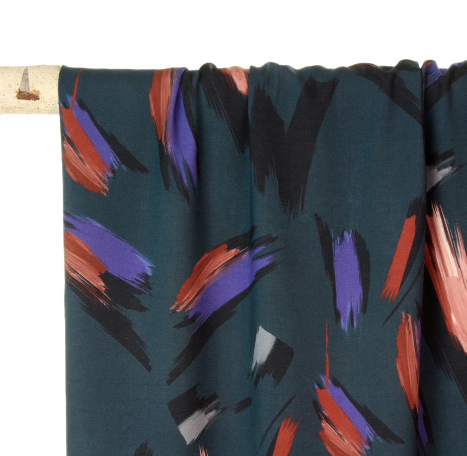 Petrolblauwe viscose met penseelstreken  - Atelier Jupe