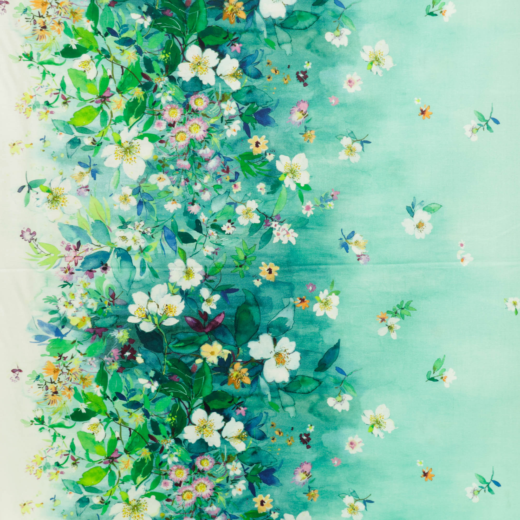 Katoen turquoise met bloemen