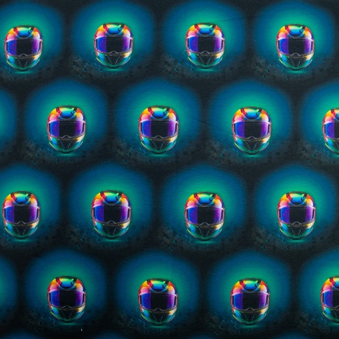 French terry gebrusht blauw met motorhelmen 'Planet Motor'