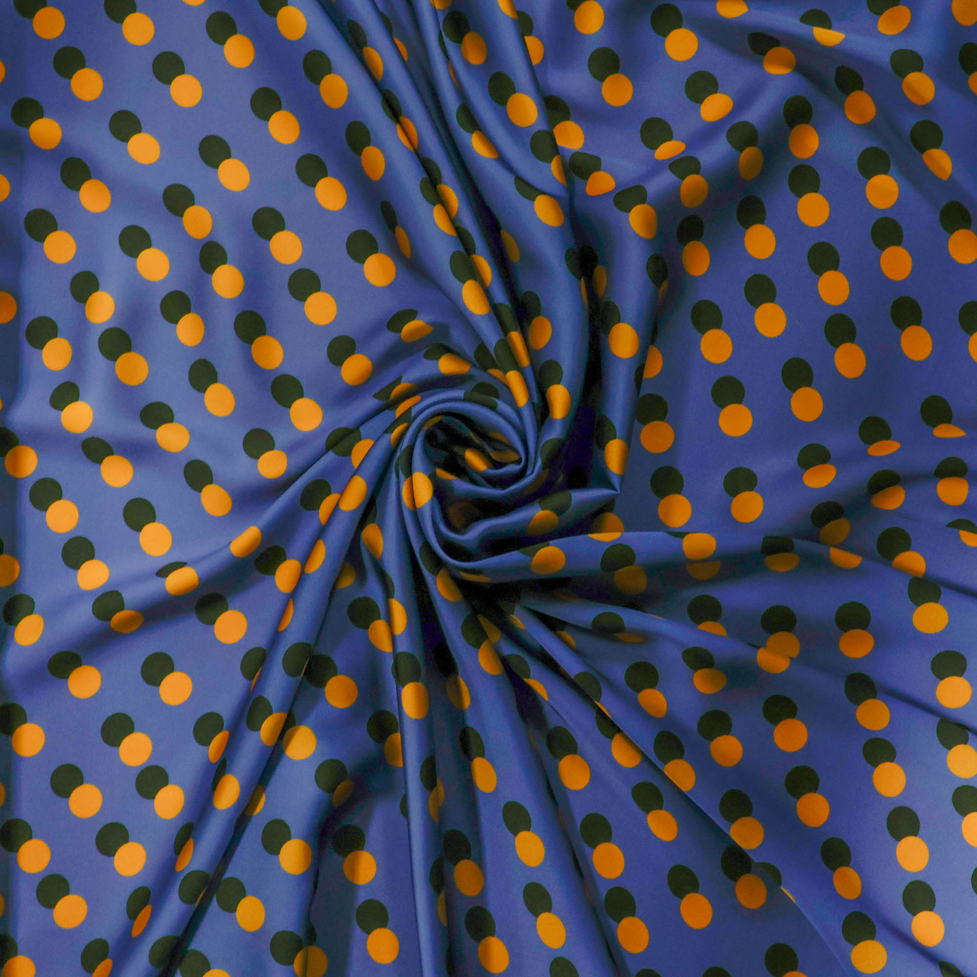 Polyester satijn blauw met oker en groene stippen - Lorré