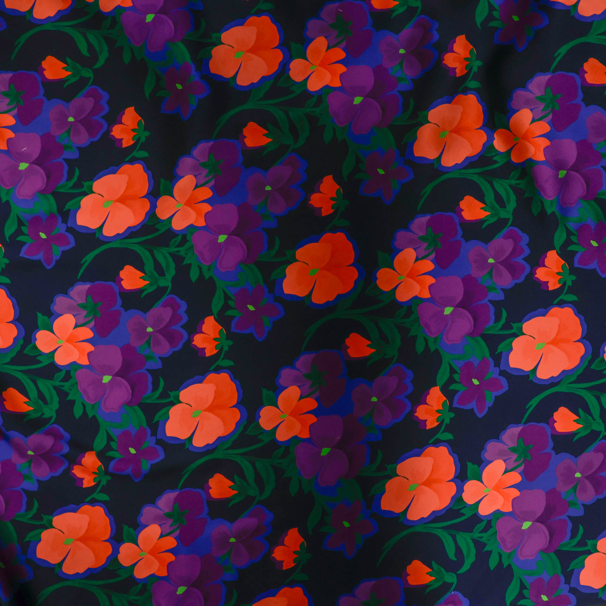 Polyester satijn donkerblauw met bloemen - Lorré
