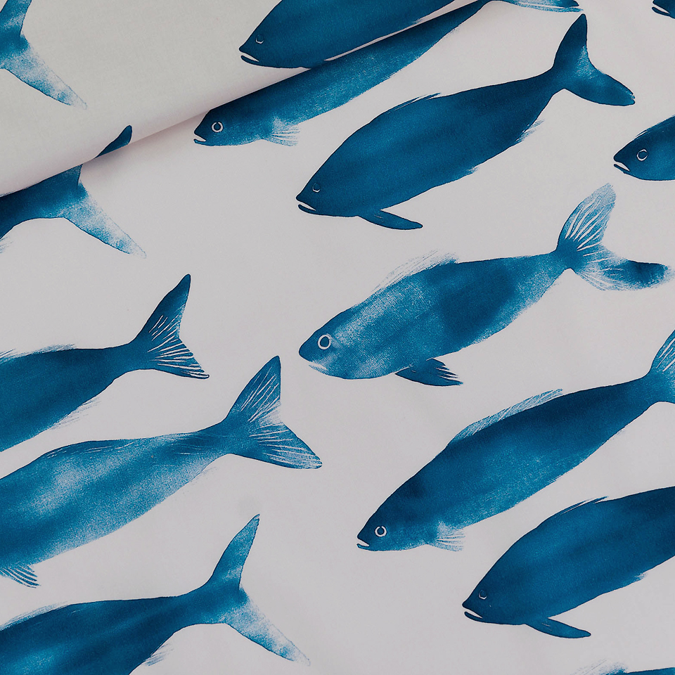 Katoen wit met blauwe vissen - See You At Six