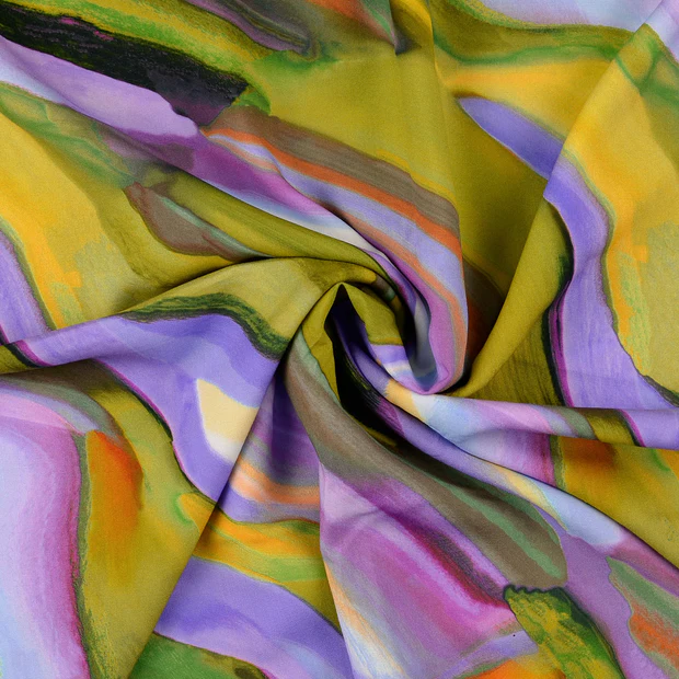 Viscose kaki met kleurrijk marmerpatroon