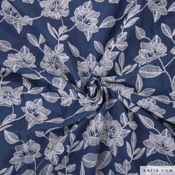 Katoen petrol met geborduurde bloemen - Katia