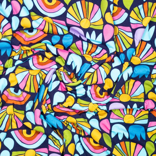 Tricot donkerblauw met kleurrijke zonnen en regenbogen - Korina + Kind