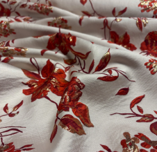 Jacquard licht oud roze met rode/gouden bloemen  - Knipmode