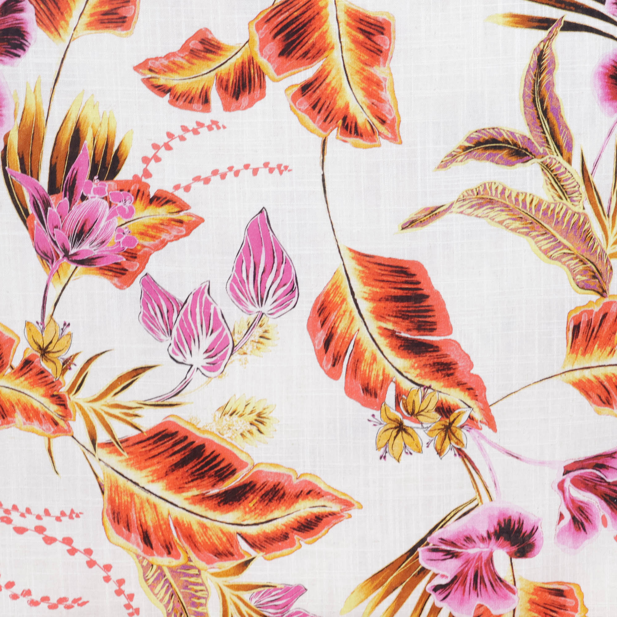 Katoen linnen look oranje/roze bladeren