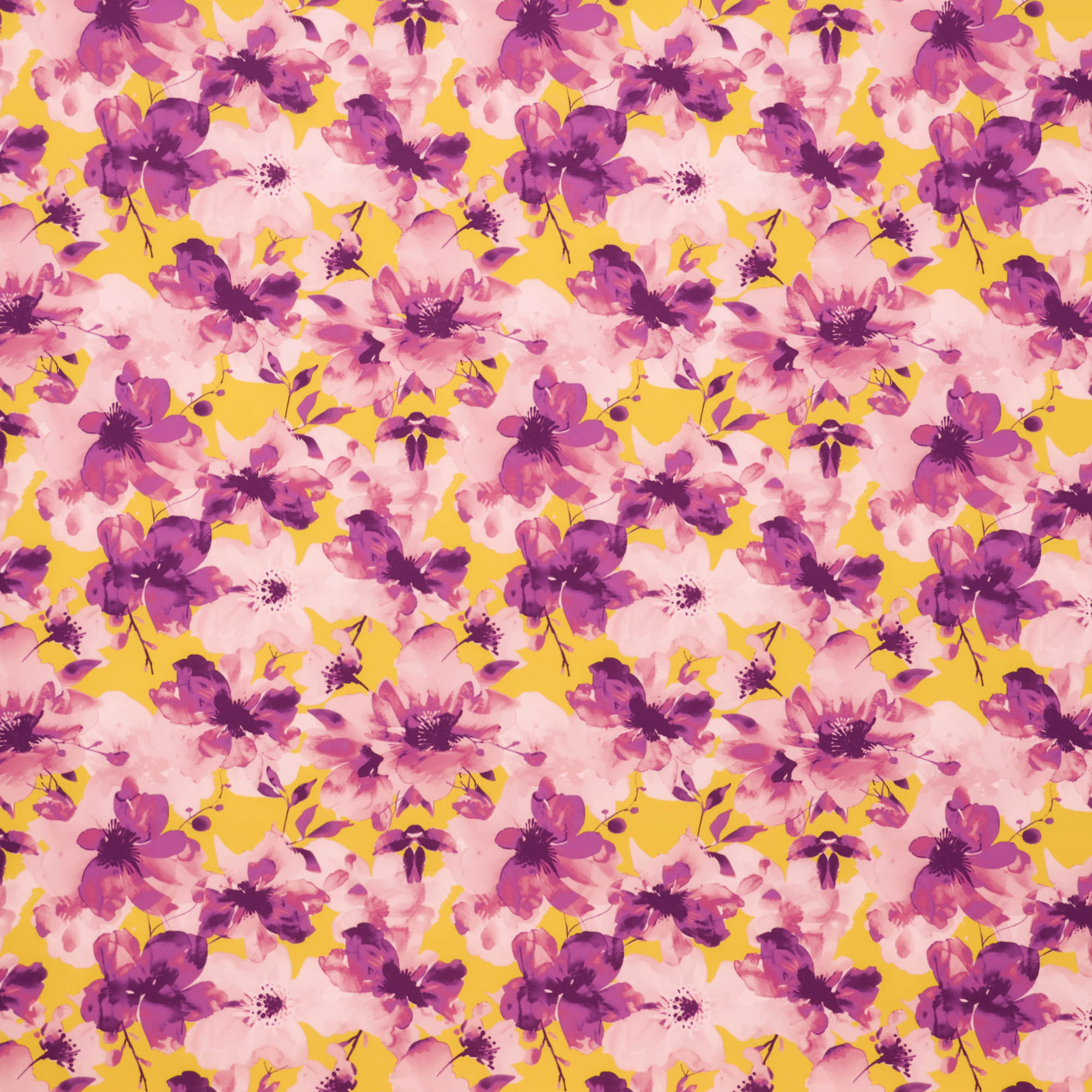 Polyester licht elastisch geel met paarse bloemen