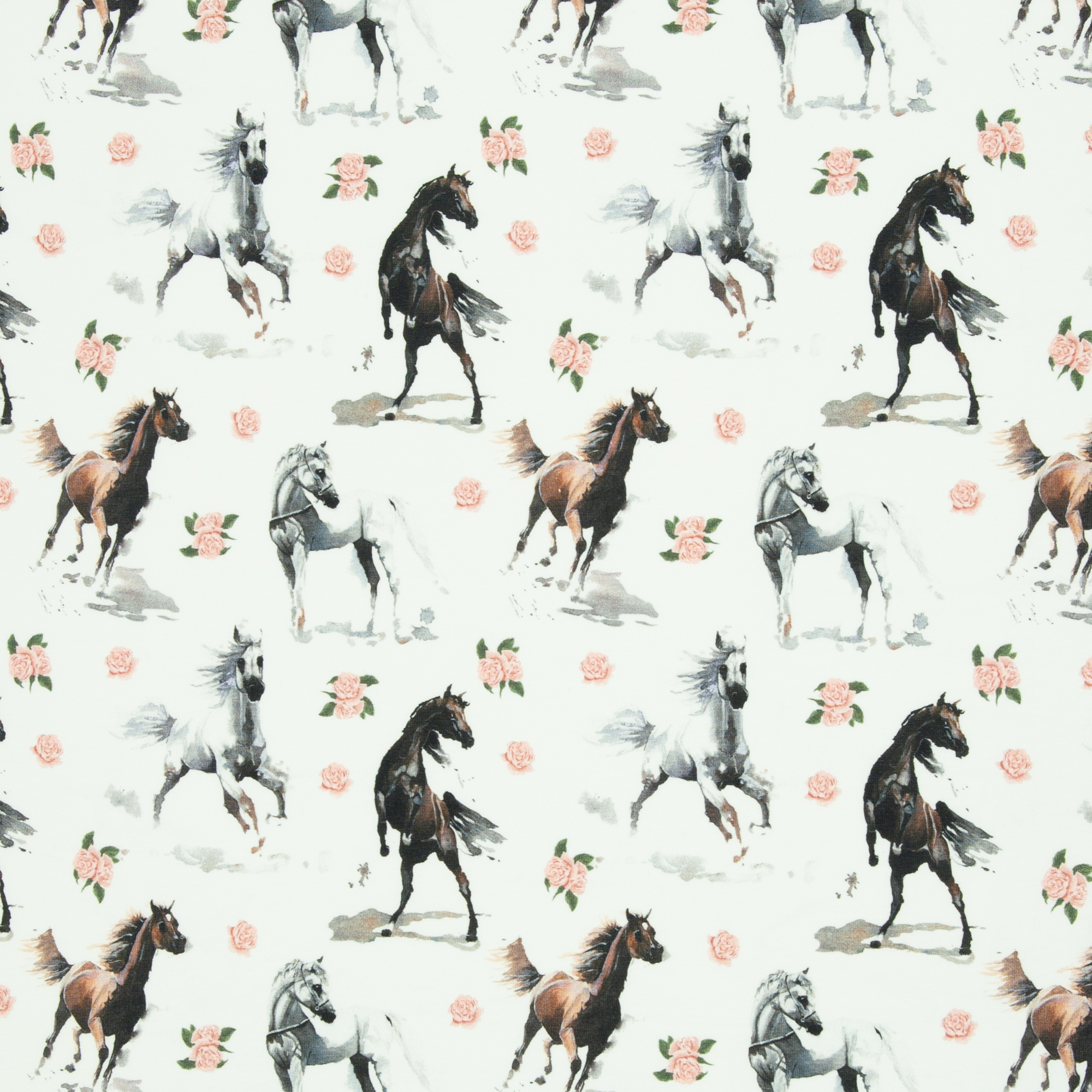 Tricot wit met paarden en bloemetjes