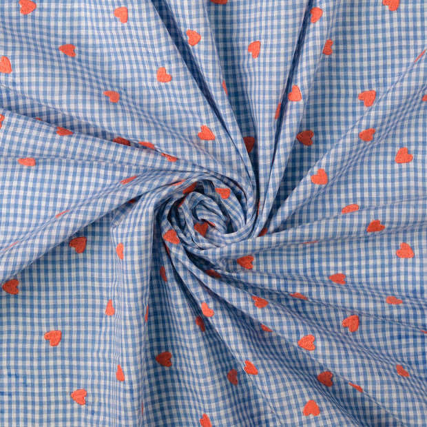 Katoen poplin stof geborduurd harten blauw