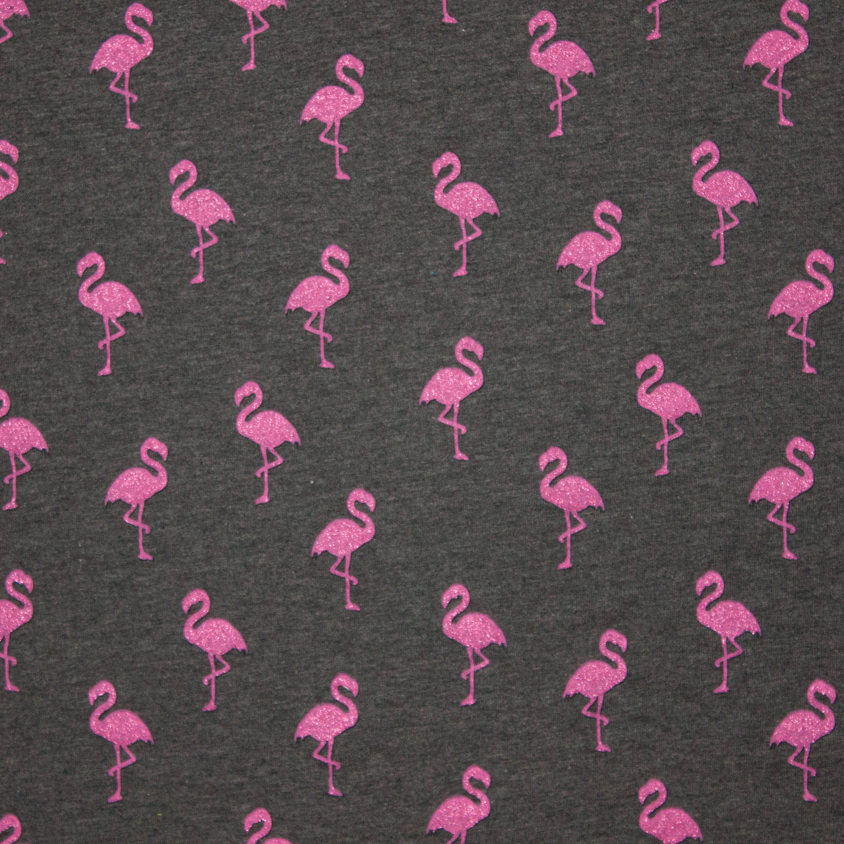 Lichte french terry in donker griijs met roze glitterflamingo