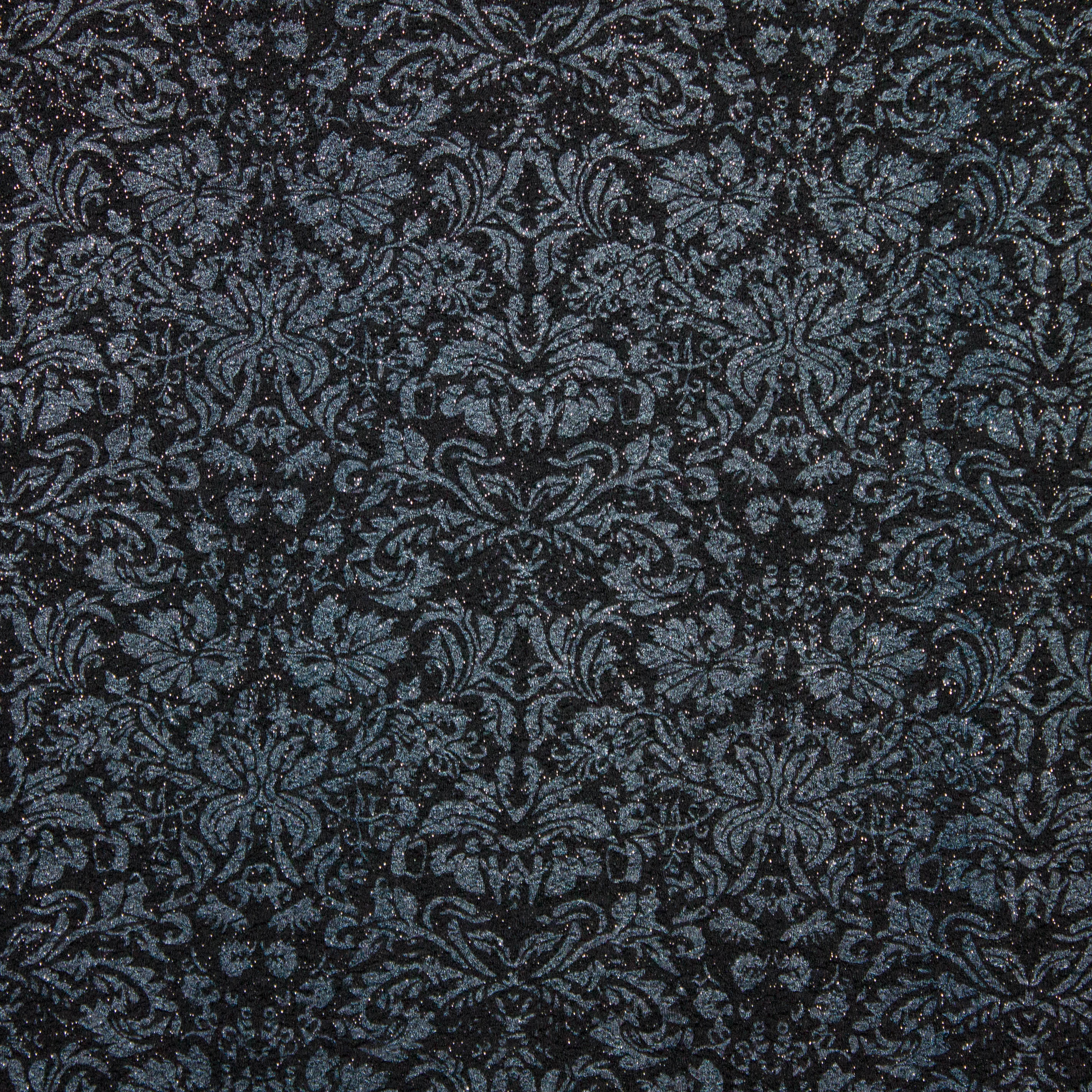 Zwarte stetchstof met blauw/grijze tekening