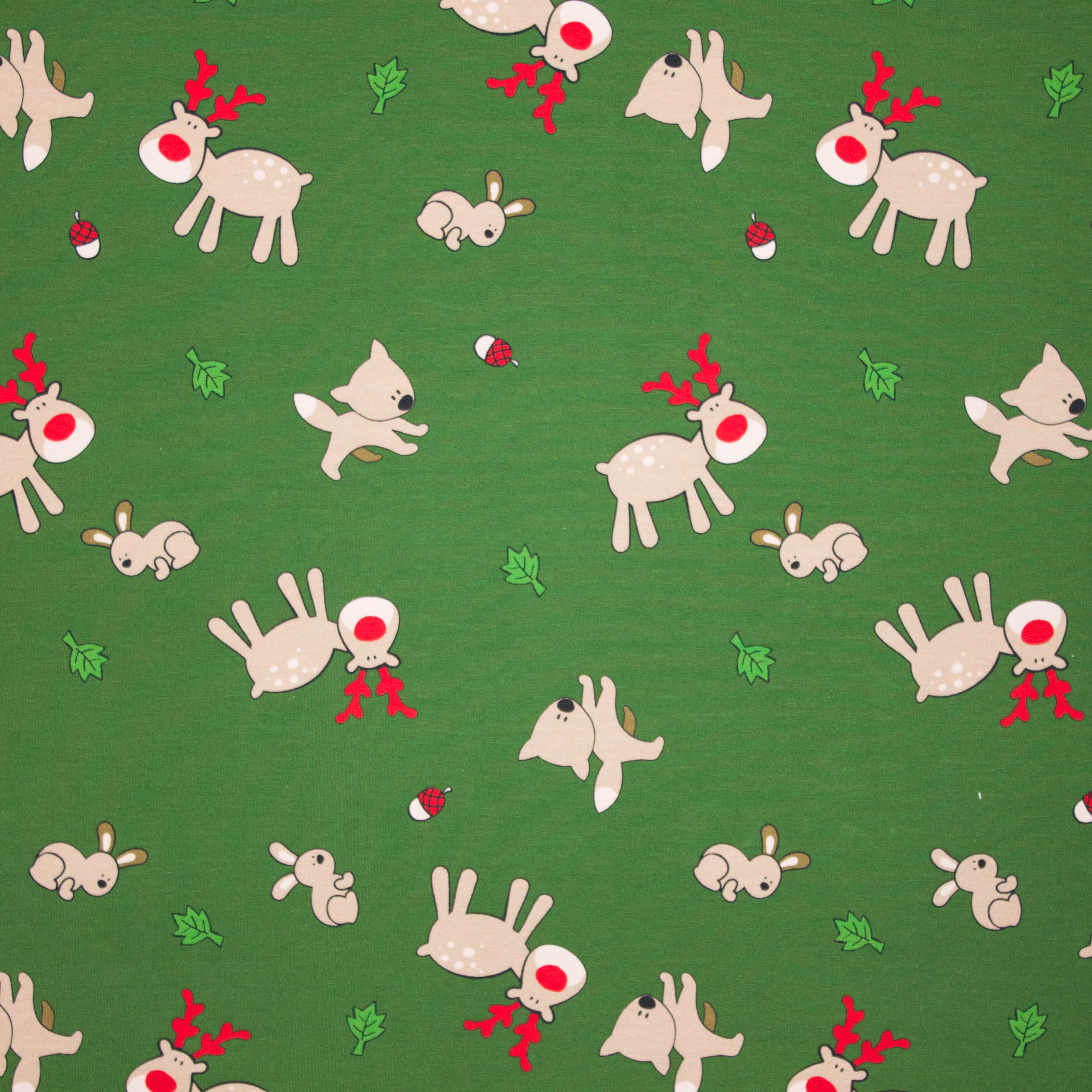 Groene tricot met kerstmotief van rendieren, vosjes en konijntjes