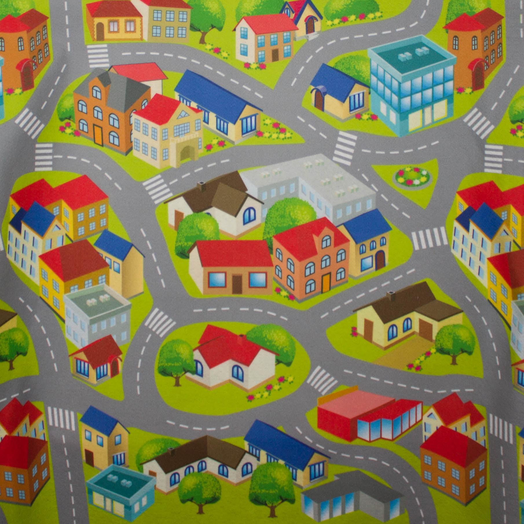 Vilten stof met print van straten, huizen, bomen
