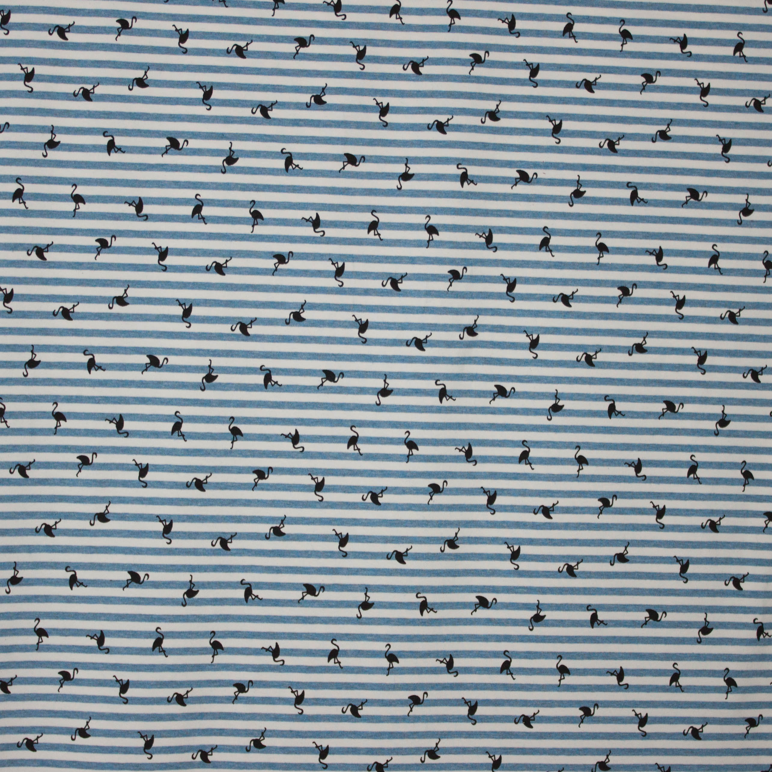 Gestreepte tricot in wit en blauw met flamingo's